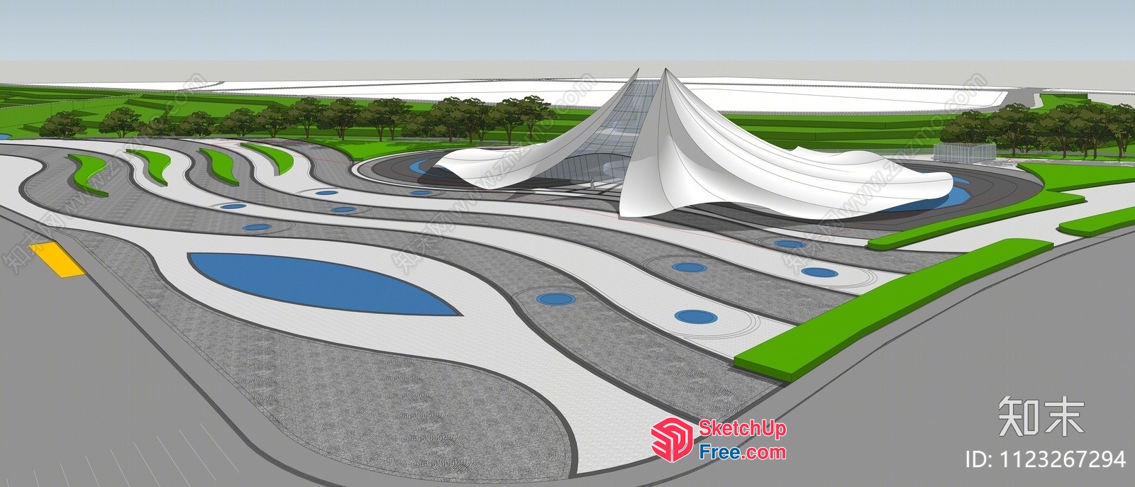 Modern White Building With Curved Roof And Winding Road 3D SketchUp File