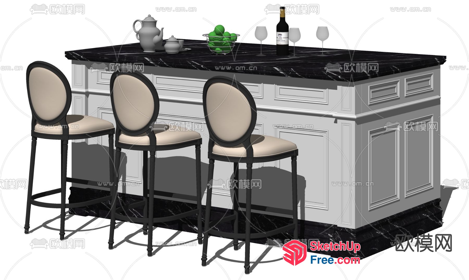 Classic Kitchen Island With Bar Stools And Wine Bottle 3D SketchUp File
