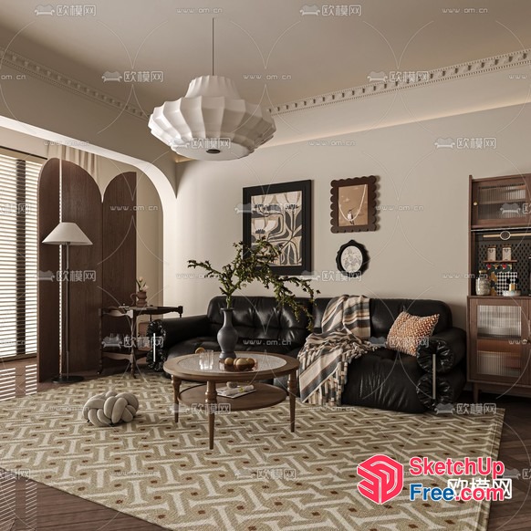 Elegant And Cozy Living Room With Leather Sofa And Wooden Furniture 3D SketchUp File