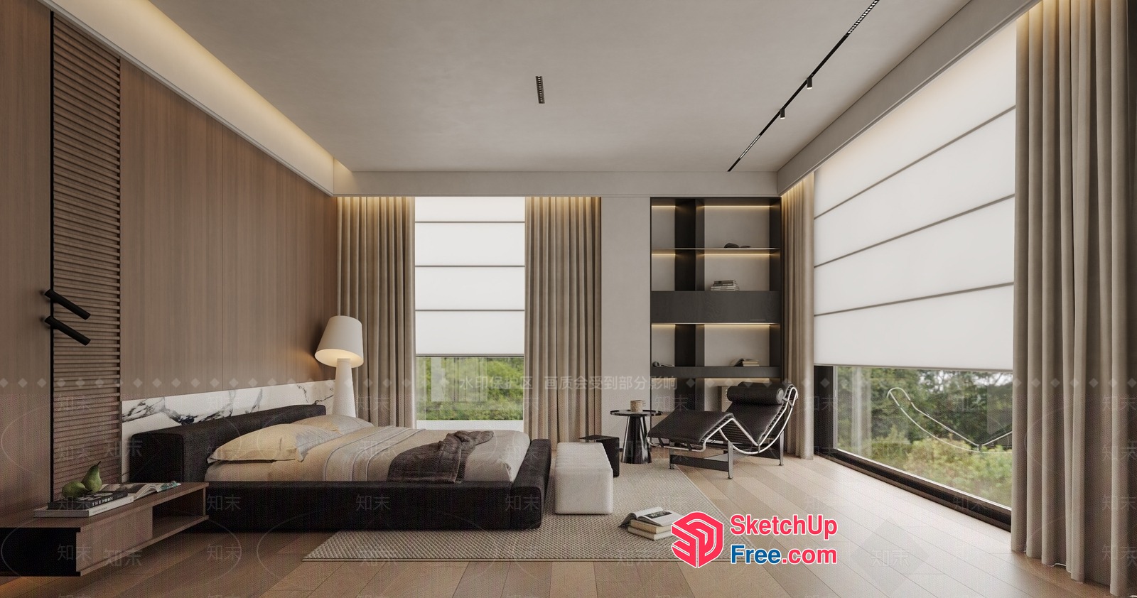 Modern Minimalist Bedroom With Large Windows And Natural Light 3D SketchUp File