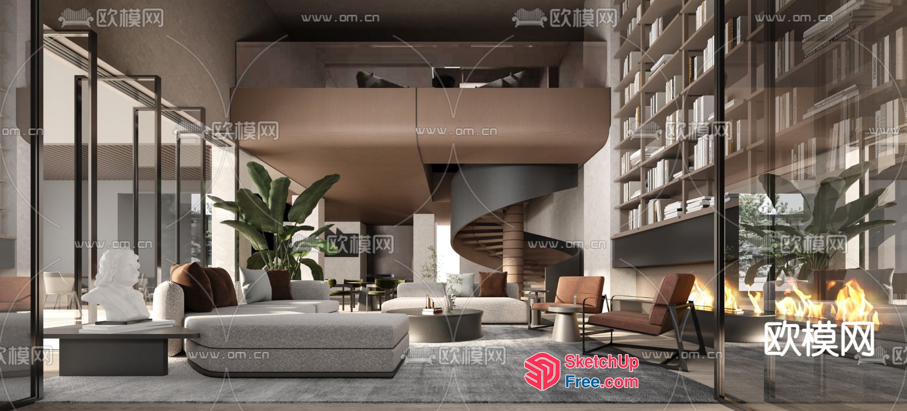 Modern Minimalist Living Room With Spiral Staircase 3D SketchUp File