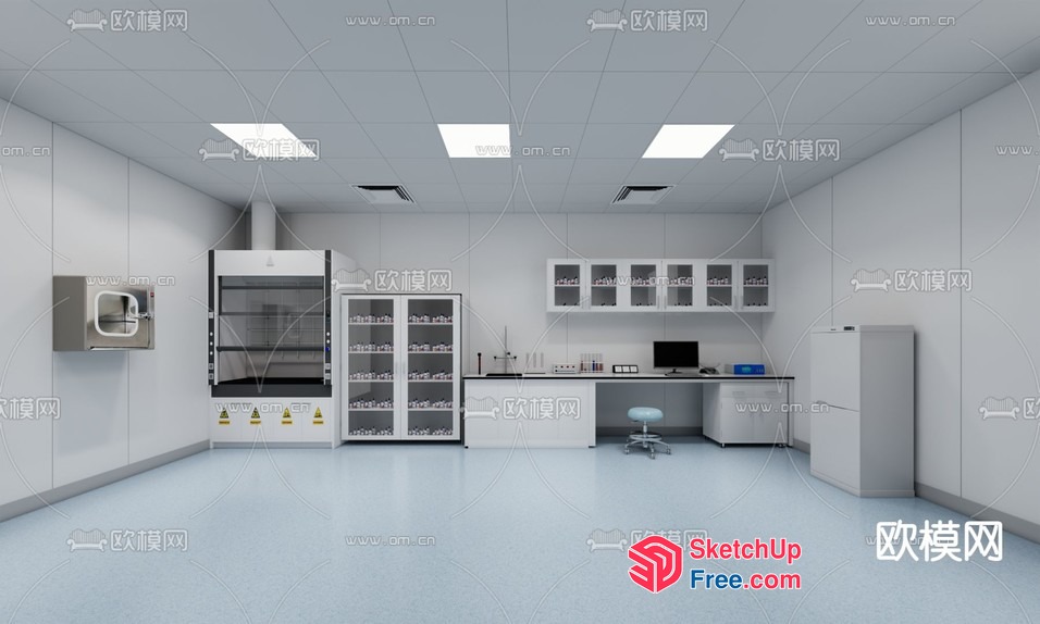 Laboratory Interior With Glass Cabinets And Counter 3D SketchUp File