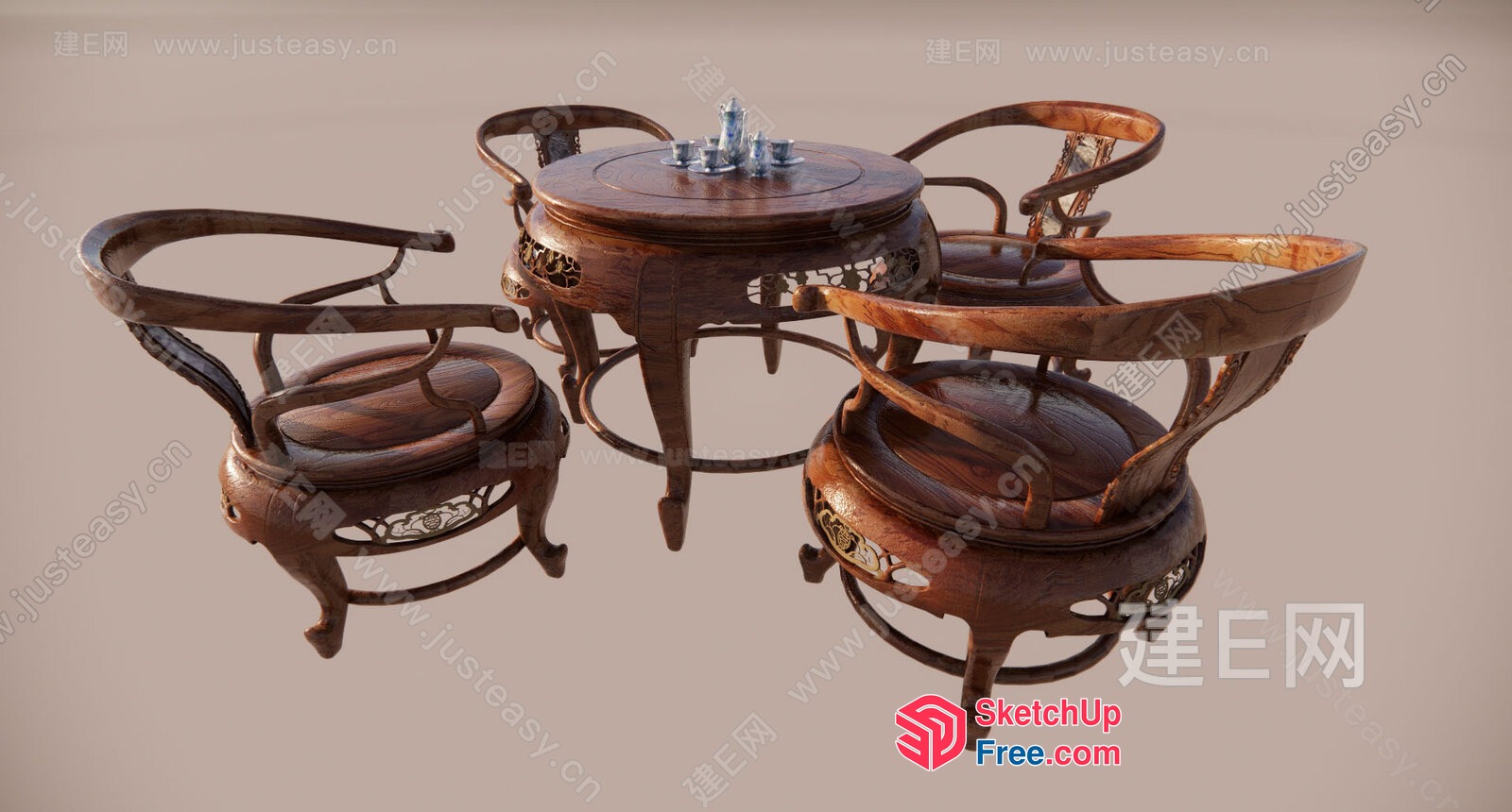 Classic Wooden Chairs And Table Set 3D SketchUp File