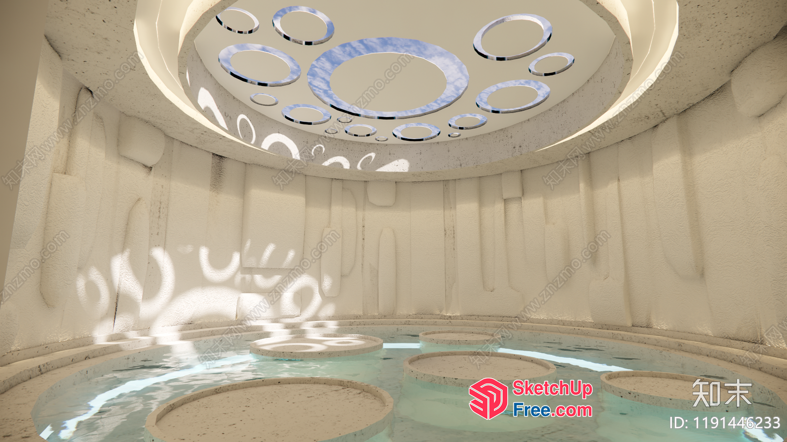 Circular Ceiling With Light Patterns And Water Feature 3D SketchUp File
