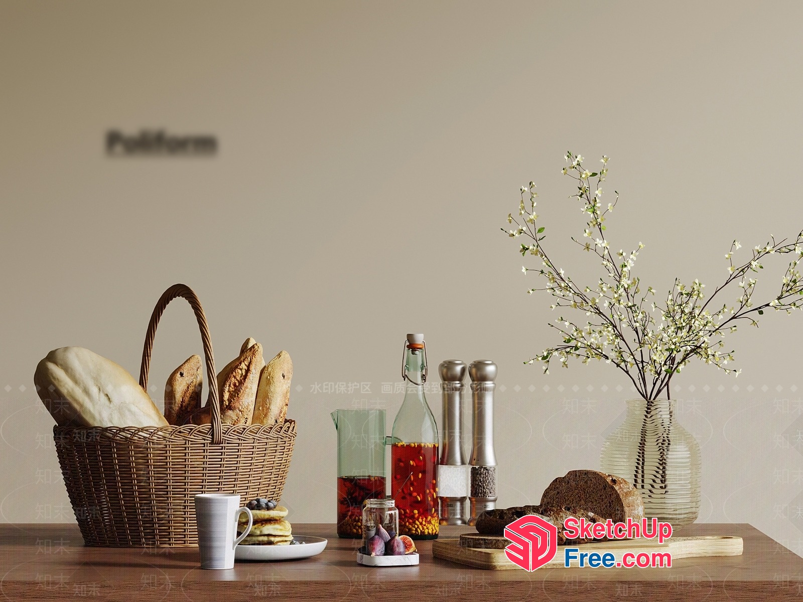 A Kitchen Interior With A Bread Basket And A Table With Food 3D SketchUp File