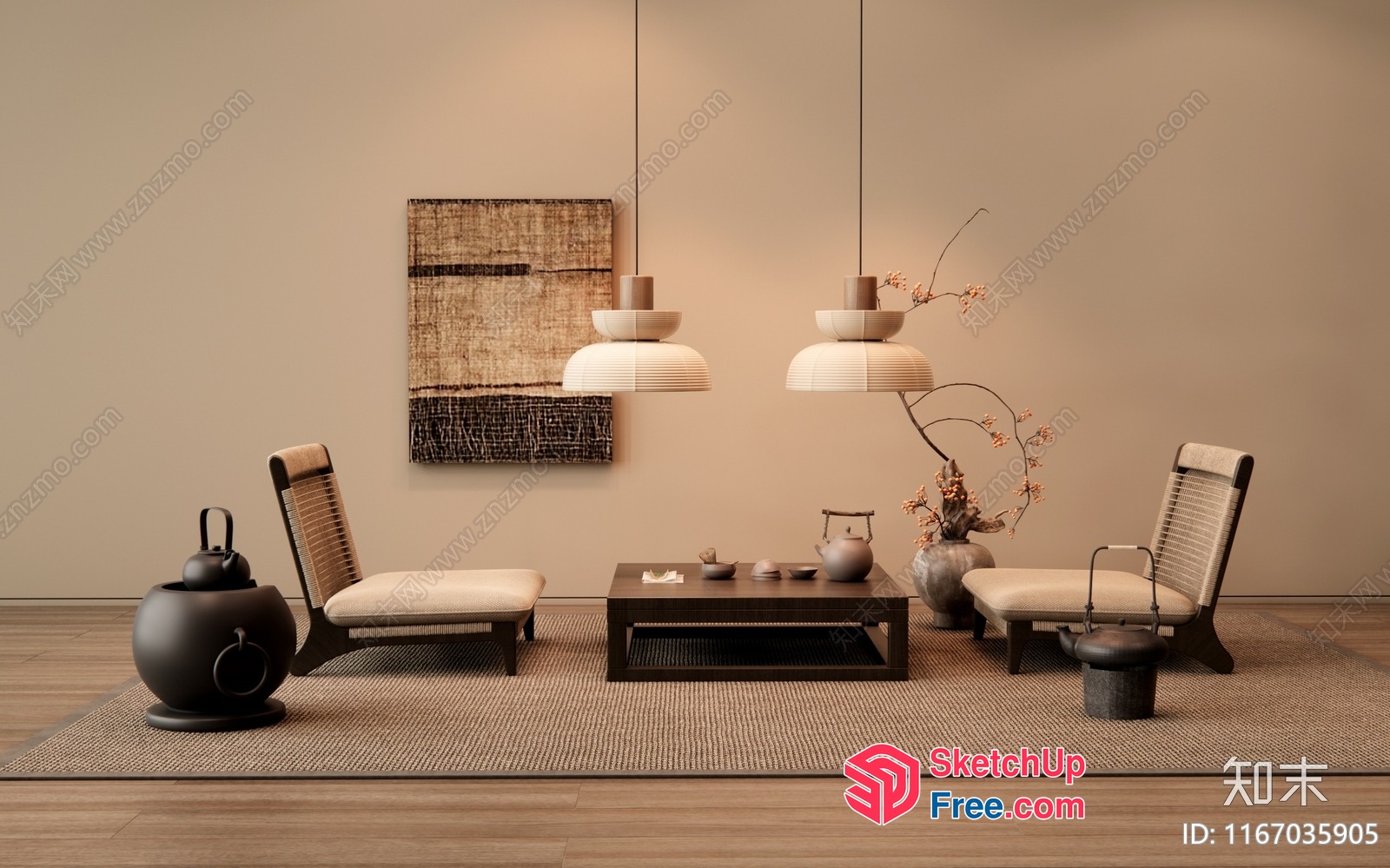 Japanese-Inspired Minimalist Living Room With Natural Elements 3D SketchUp File