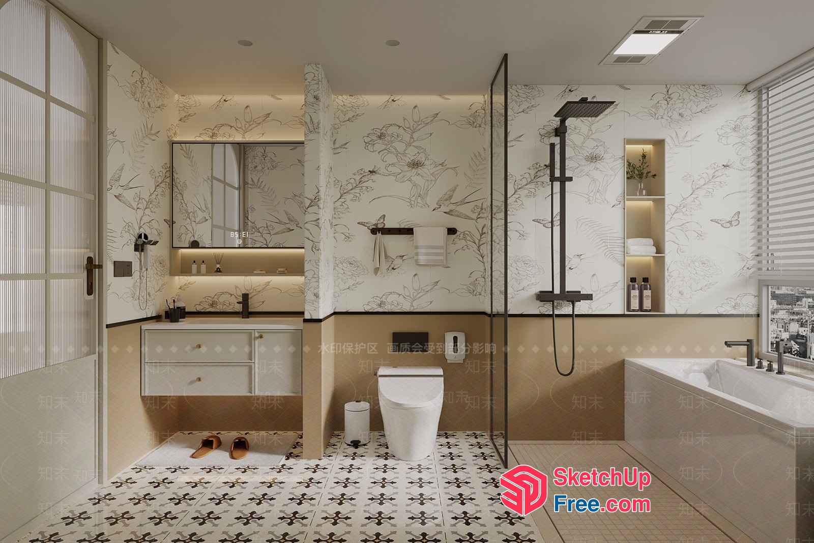 Elegant White And Brown Bathroom With Floral Accents 3D SketchUp File