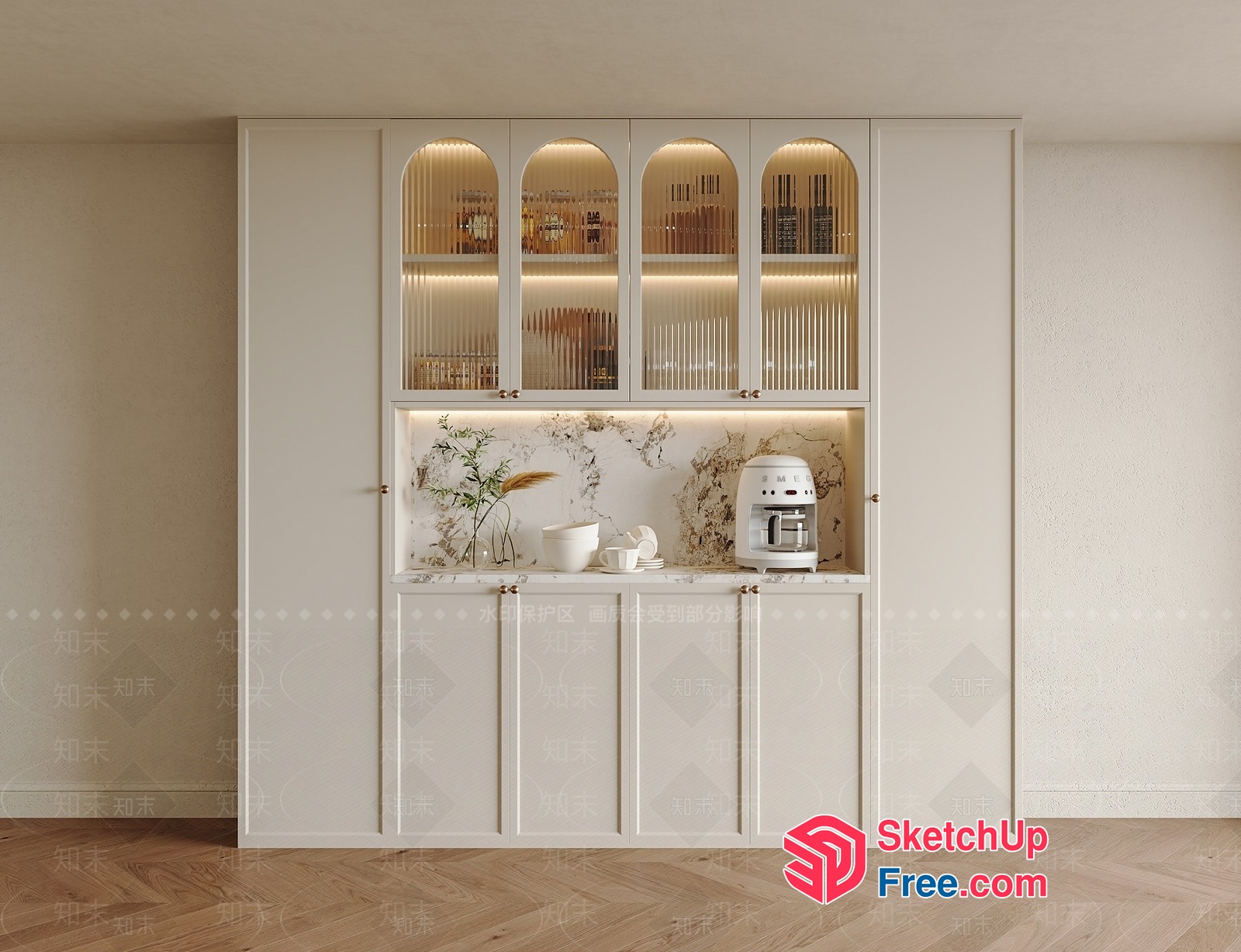 Elegant White Kitchen Storage With Glass Doors And Lighting 3D SketchUp File