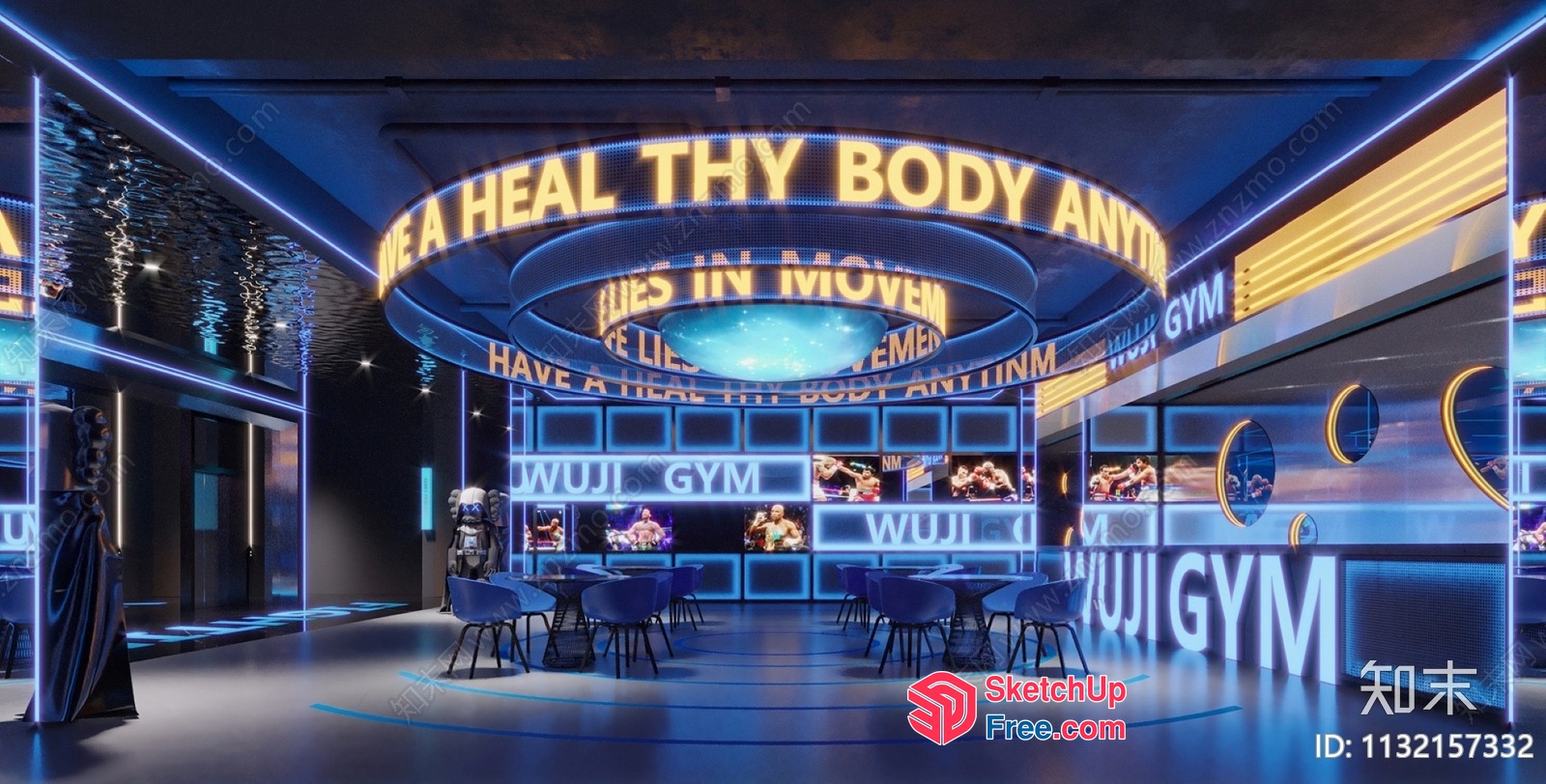 Modern Gym Interior With Neon Lights And Motivational Quotes 3D SketchUp File