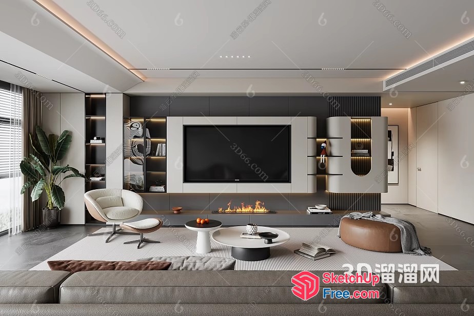 Modern Living Room With Fireplace And Tv 3D SketchUp File