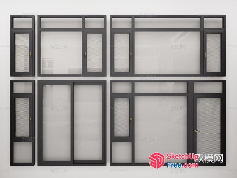 Six Large Black Windows With Mesh Panels 3D SketchUp File