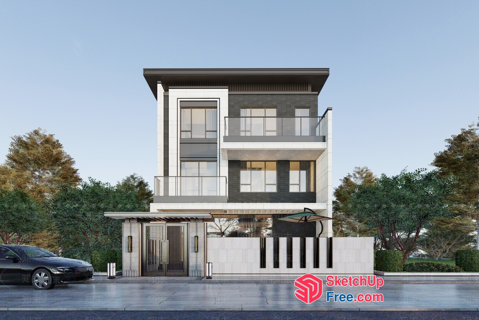 Modern Villa With Glass Curtain Wall And Balcony 3D SketchUp File