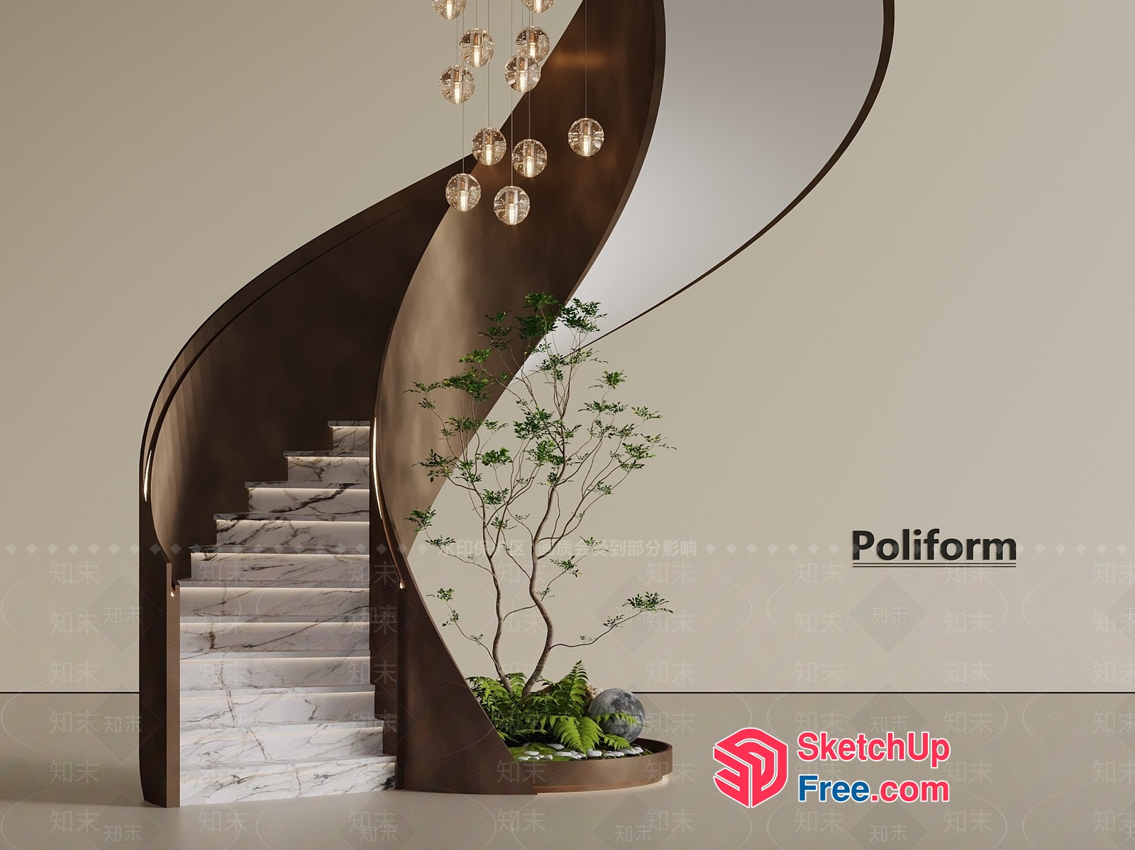 Poliform Staircase With Marble Steps And Ornamental Plant 3D SketchUp File