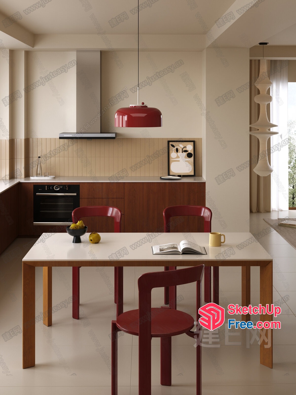 Modern Kitchen With Red And White Color Scheme 3D SketchUp File