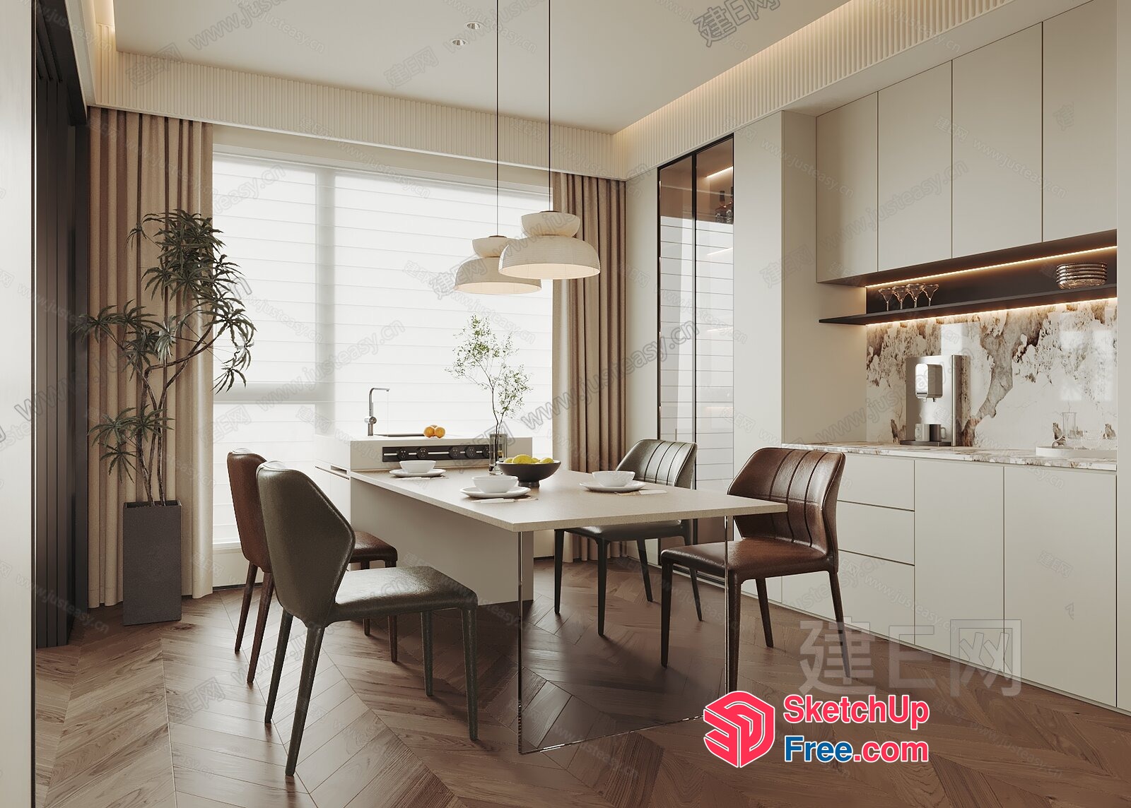 Modern Minimalist Dining Room With Wooden Floor 3D SketchUp File