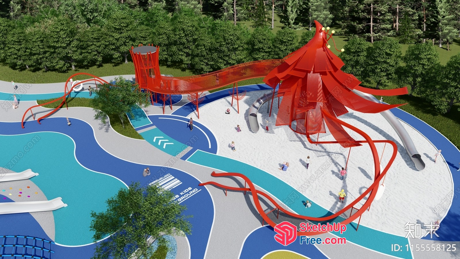 Modern Outdoor Playground With Unique Red Structure And Water Feature 3D SketchUp File