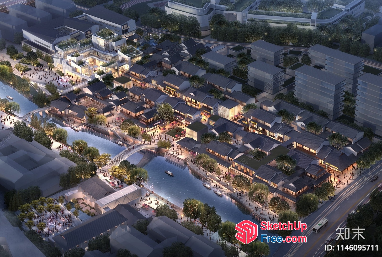 Modern Commercial Street With A River Running Through It 3D SketchUp File