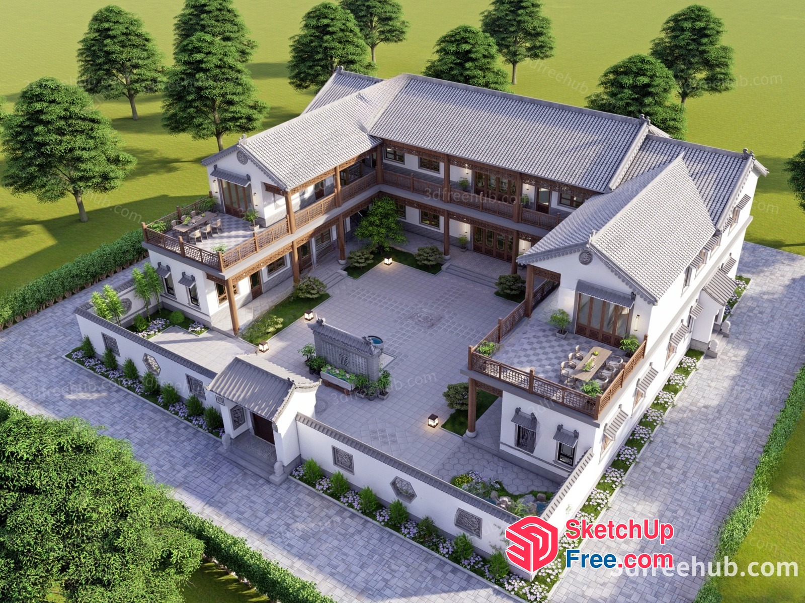 Chinese-Style Building With Balconies And Courtyard 3D SketchUp File