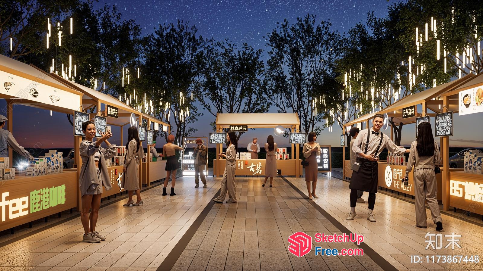 Modern Night Market Scene With Food Stands And Trees 3D SketchUp File