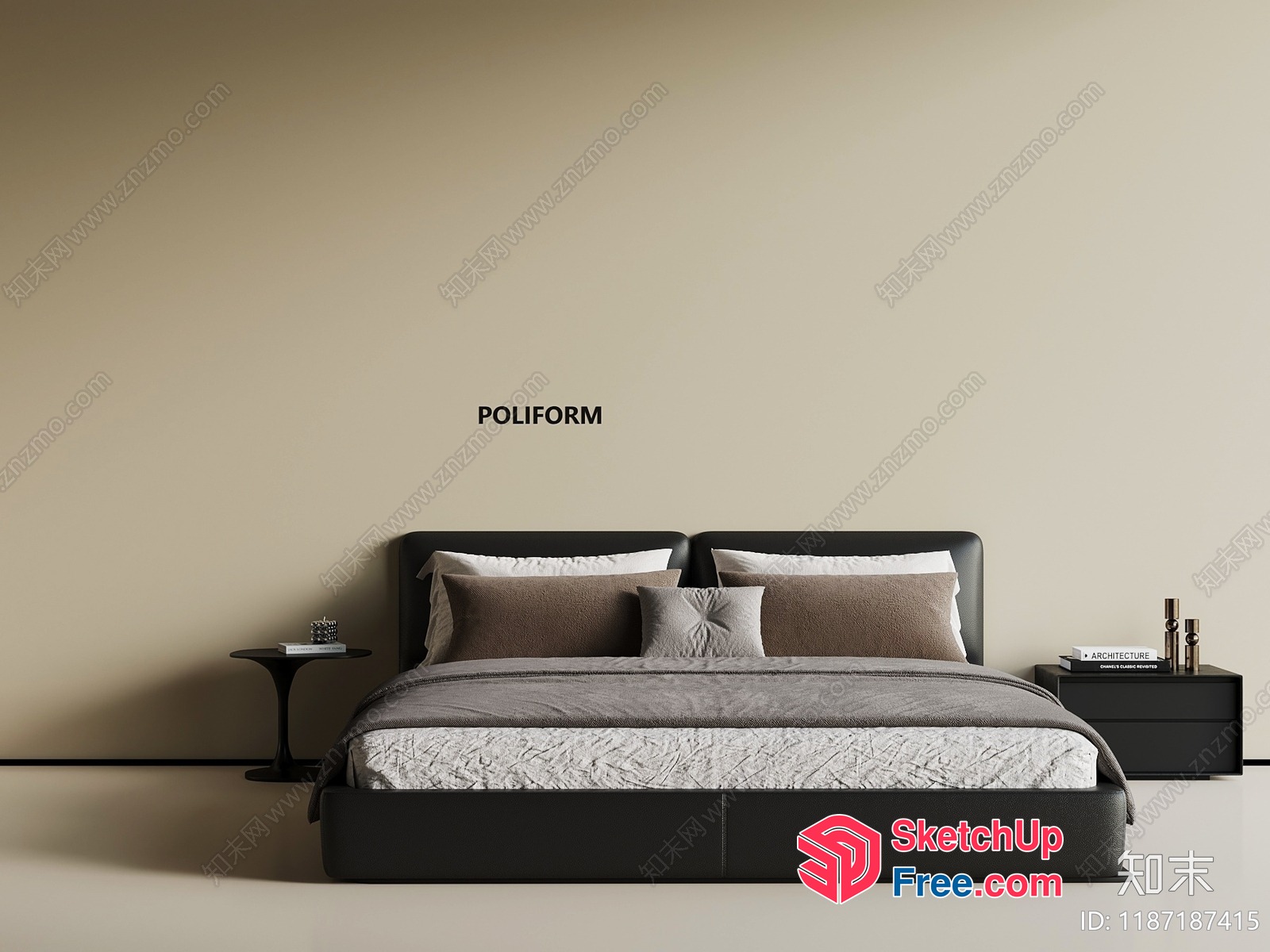 Minimalist Style Bed With Pillows And Bedside Table 3D SketchUp File