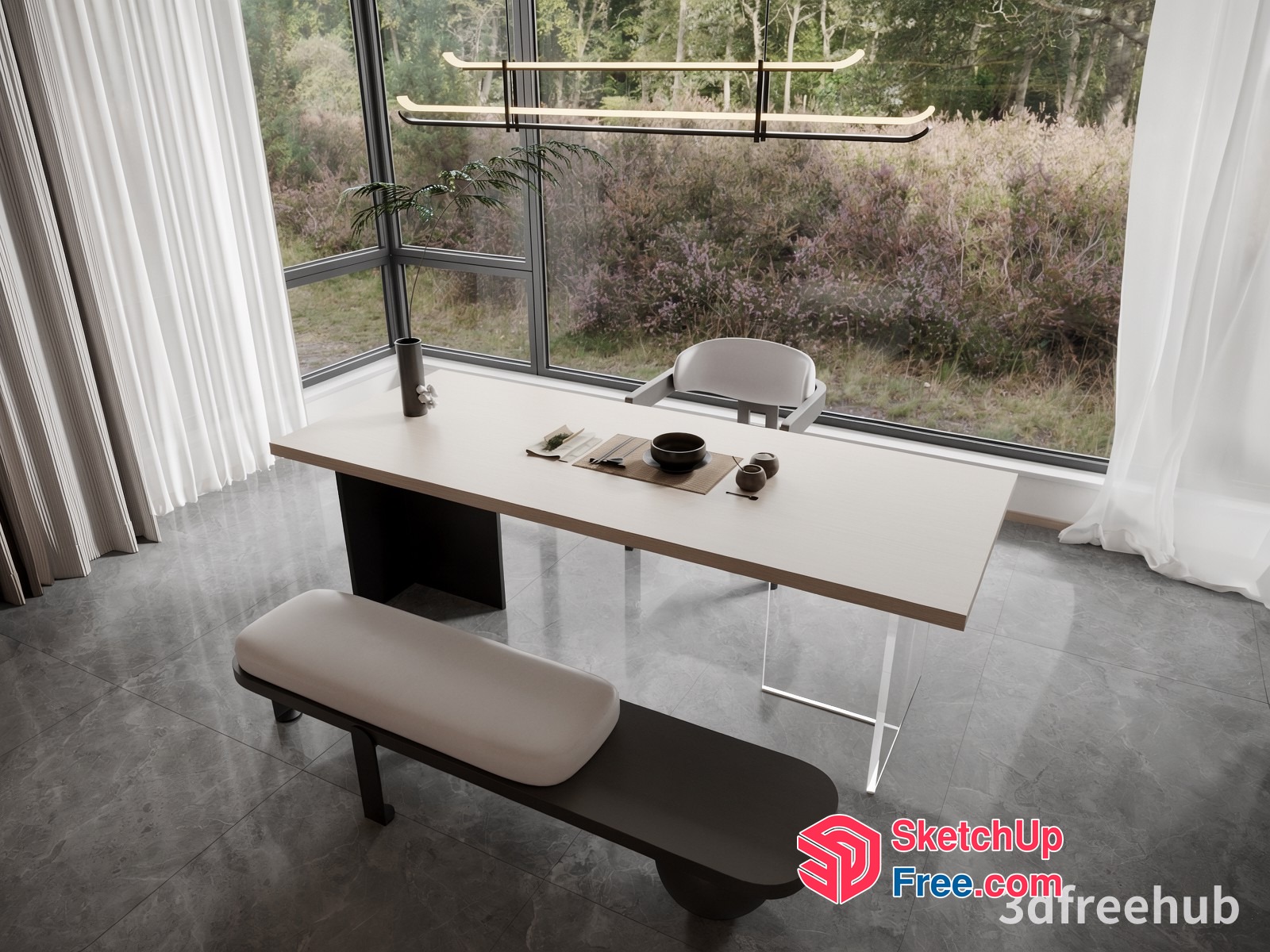 Minimalist Dining Room With Modern Furniture And Large Window 3D SketchUp File
