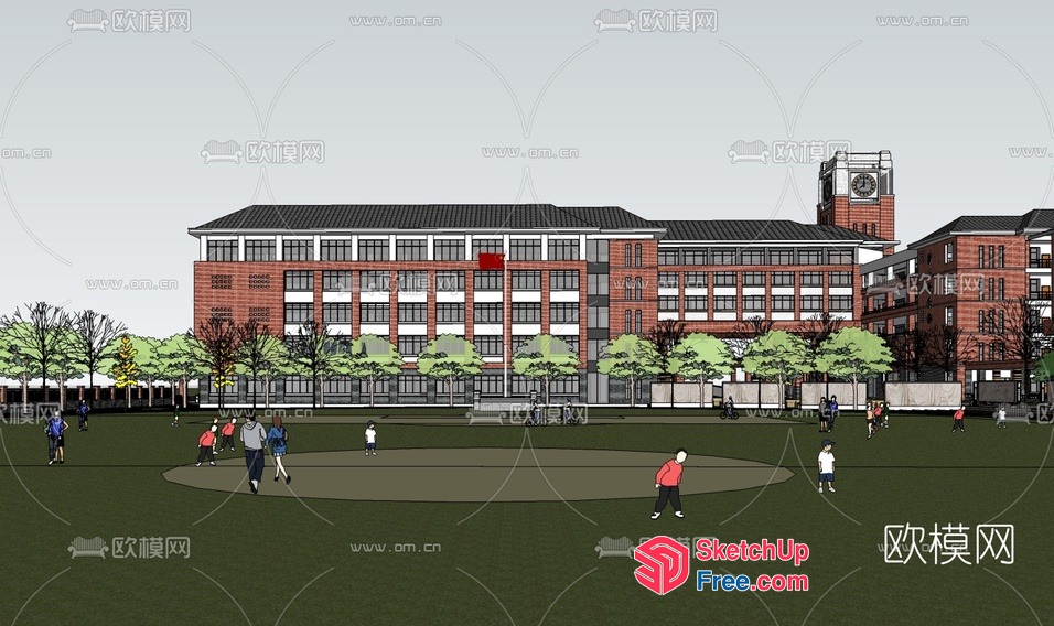 Exterior View Of A Large Building With A Clock Tower And People In The Foreground 3D SketchUp File