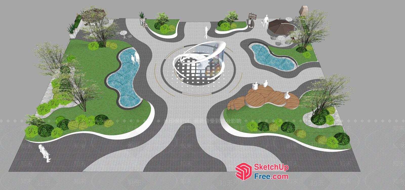 Modern Outdoor Space With Pools And Greenery 3D SketchUp File
