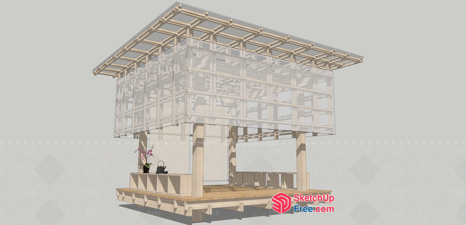 Modern Japanese-Style Pavilion With Glass Curtain Wall 3D SketchUp File