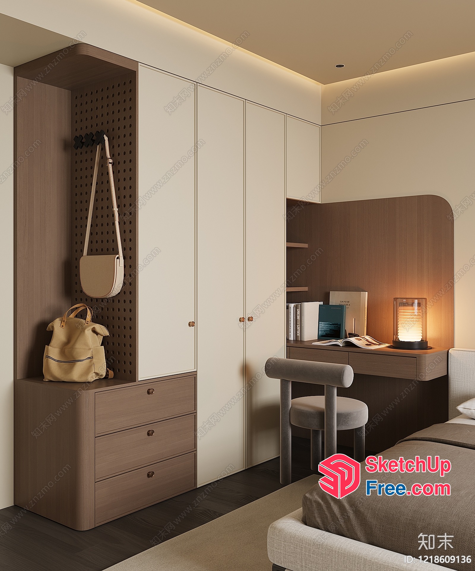 Modern Minimalist Bedroom With White And Brown Furniture 3D SketchUp File
