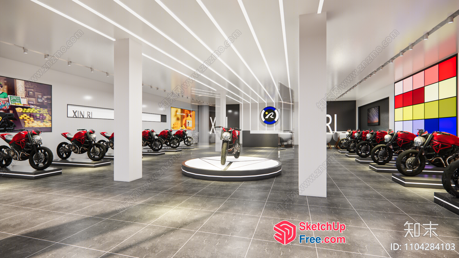 Modern Motorbike Showroom With Sleek Pillars And Vibrant Decor 3D SketchUp File