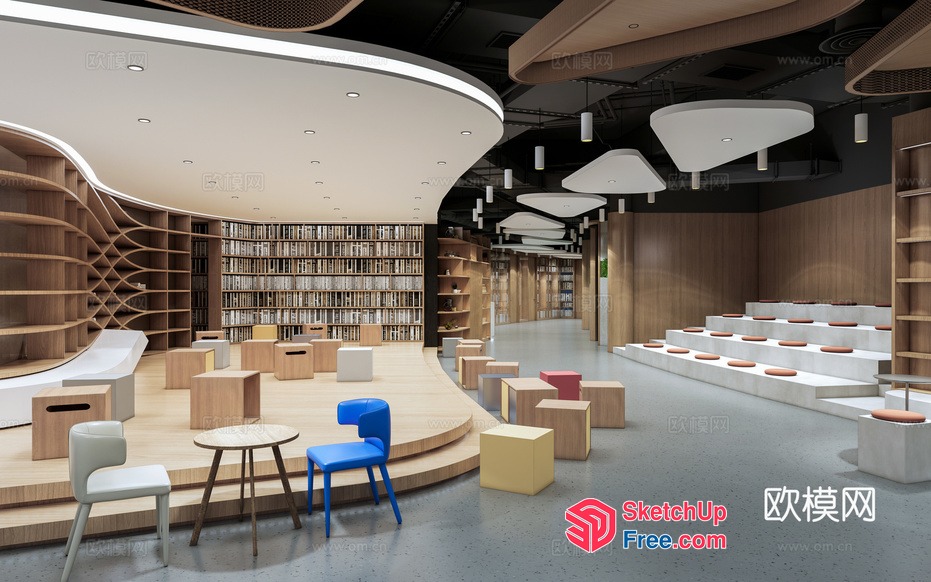 Modern Library Interior With Curved Bookshelves And Comfortable Seating 3D SketchUp File