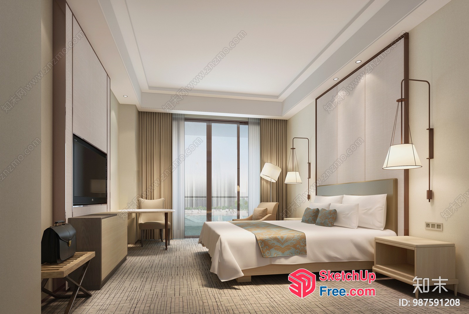 Modern Hotel Room With Large Bed And Tv 3D SketchUp File