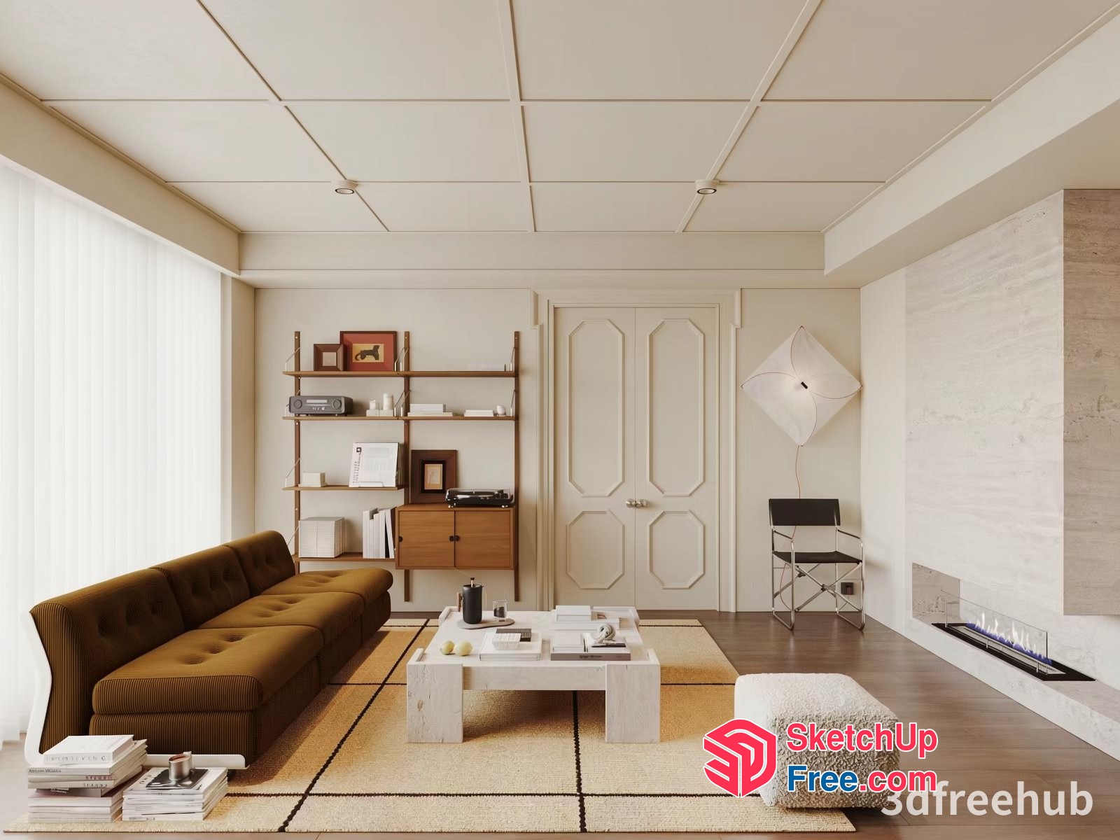 Modern Living Room With Fireplace And Brown Sofa 3D SketchUp File