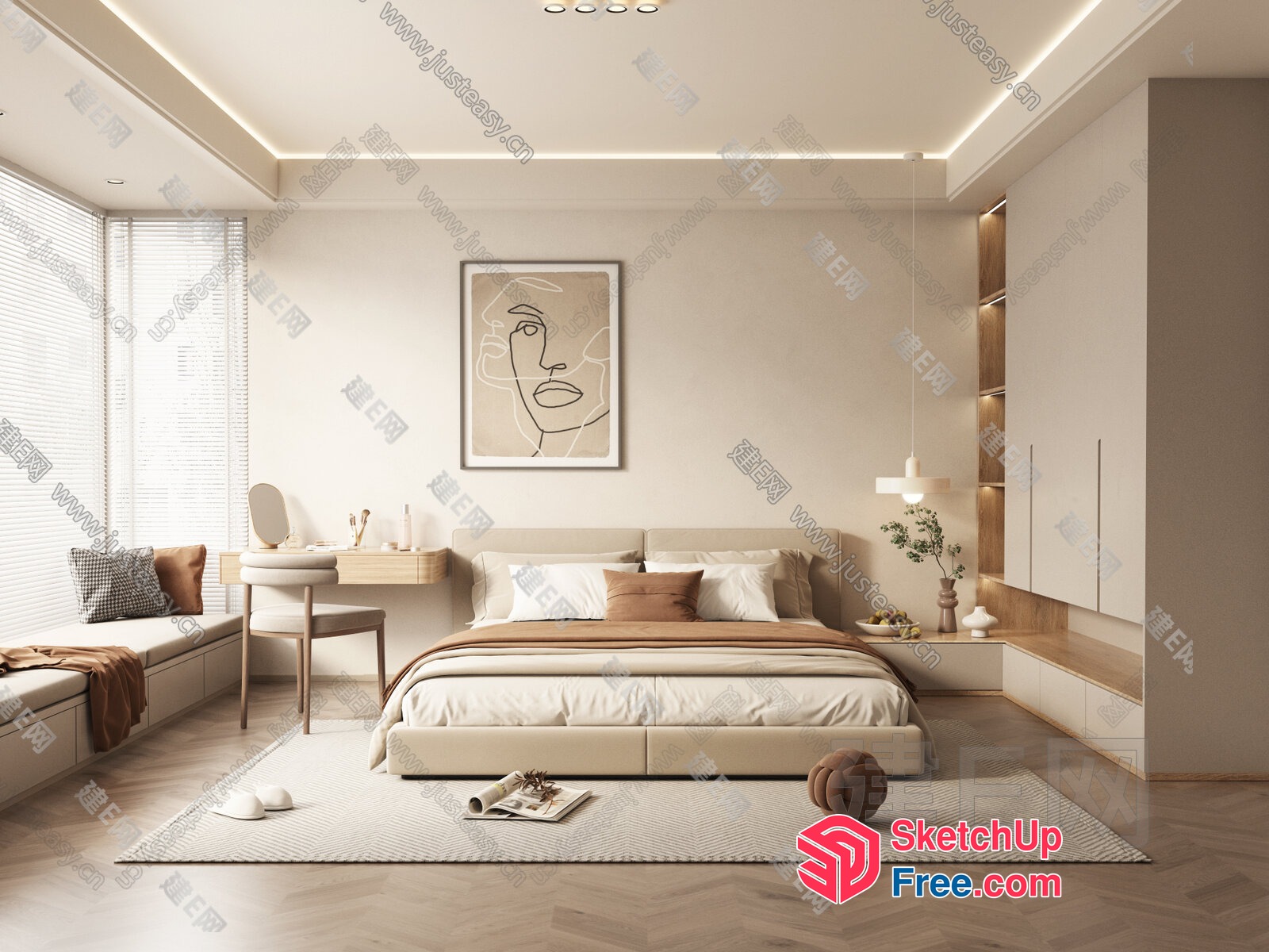 Minimalist Japanese Style Bedroom With Natural Wood Accents 3D SketchUp File