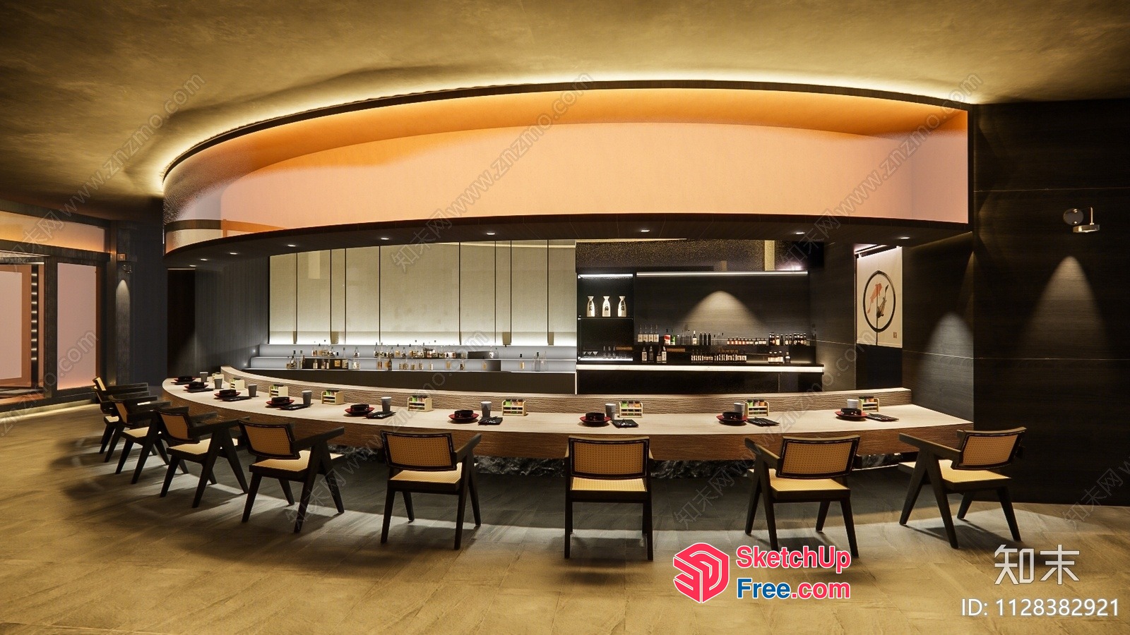 Modern Restaurant Interior With Long Table And Chairs 3D SketchUp File