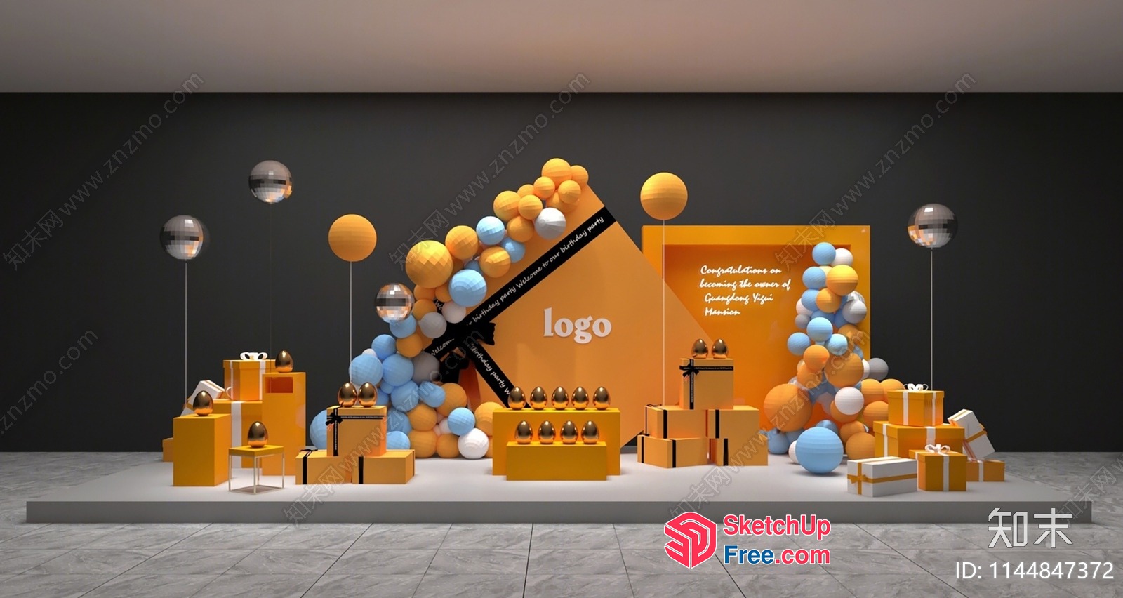 3D Rendering Of A Modern Party Decor With Balloons And Gift Boxes 3D SketchUp File