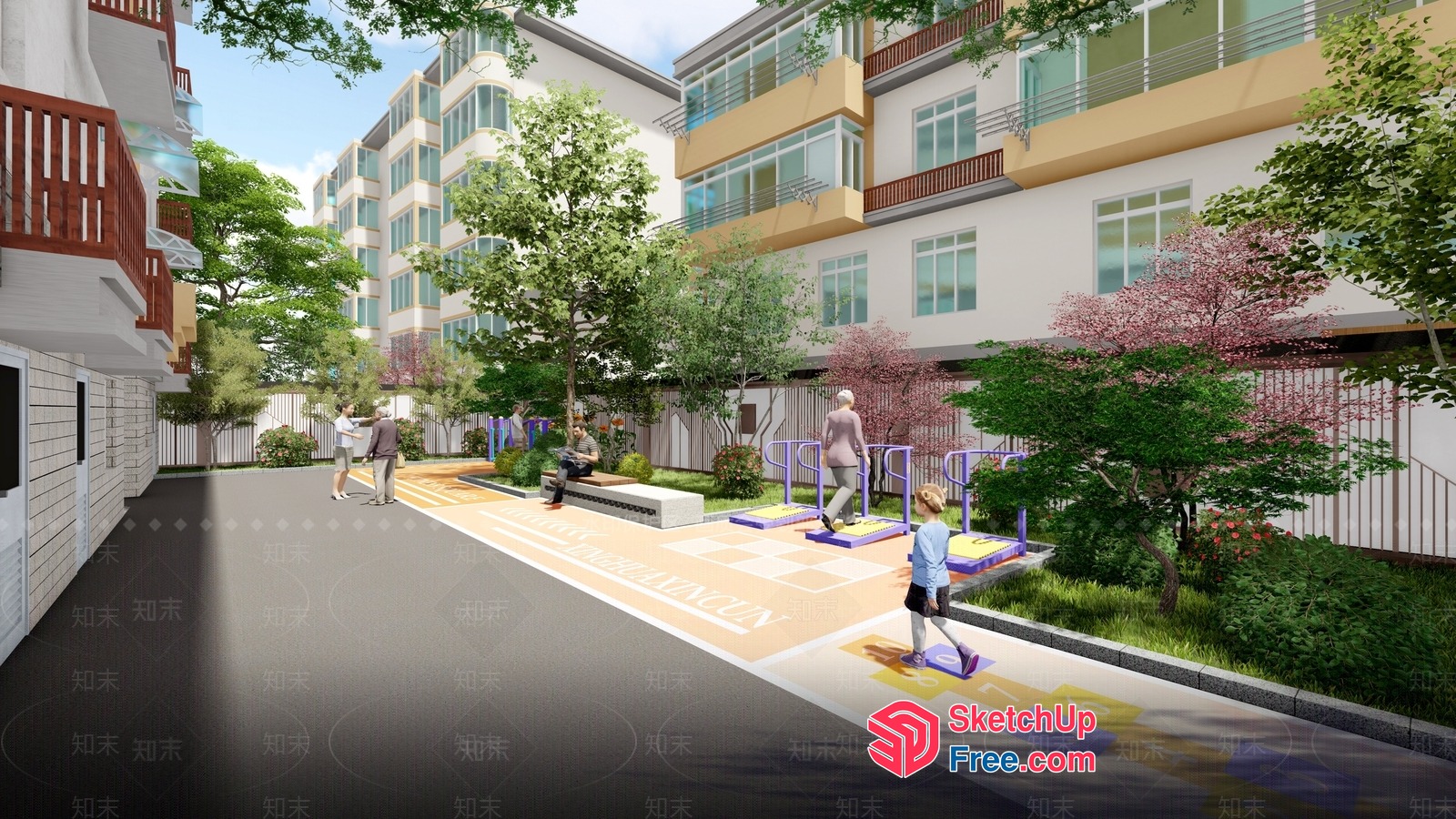 Apartment Building With Outdoor Fitness Area And Playgrounds 3D SketchUp File