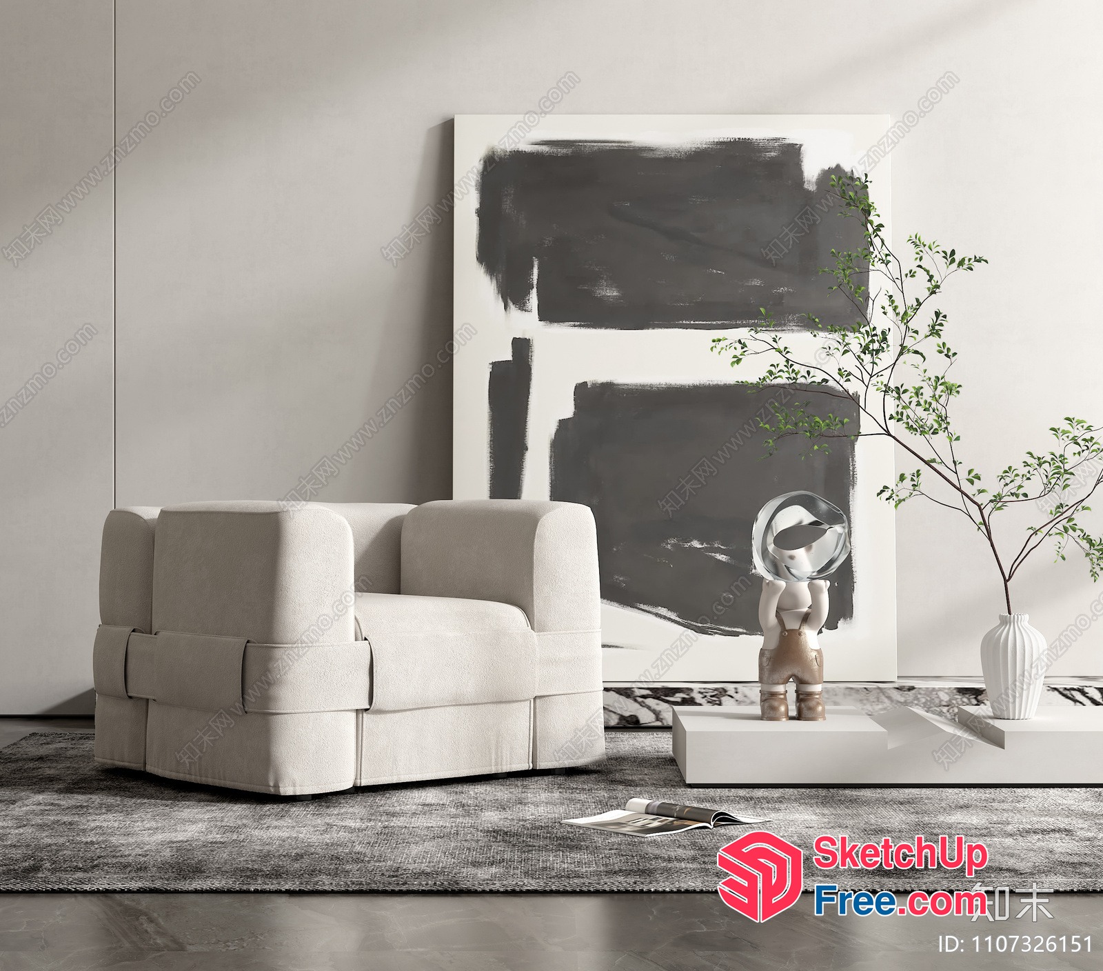 Minimalist Style Living Room With Creamy Sofa And Decor 3D SketchUp File