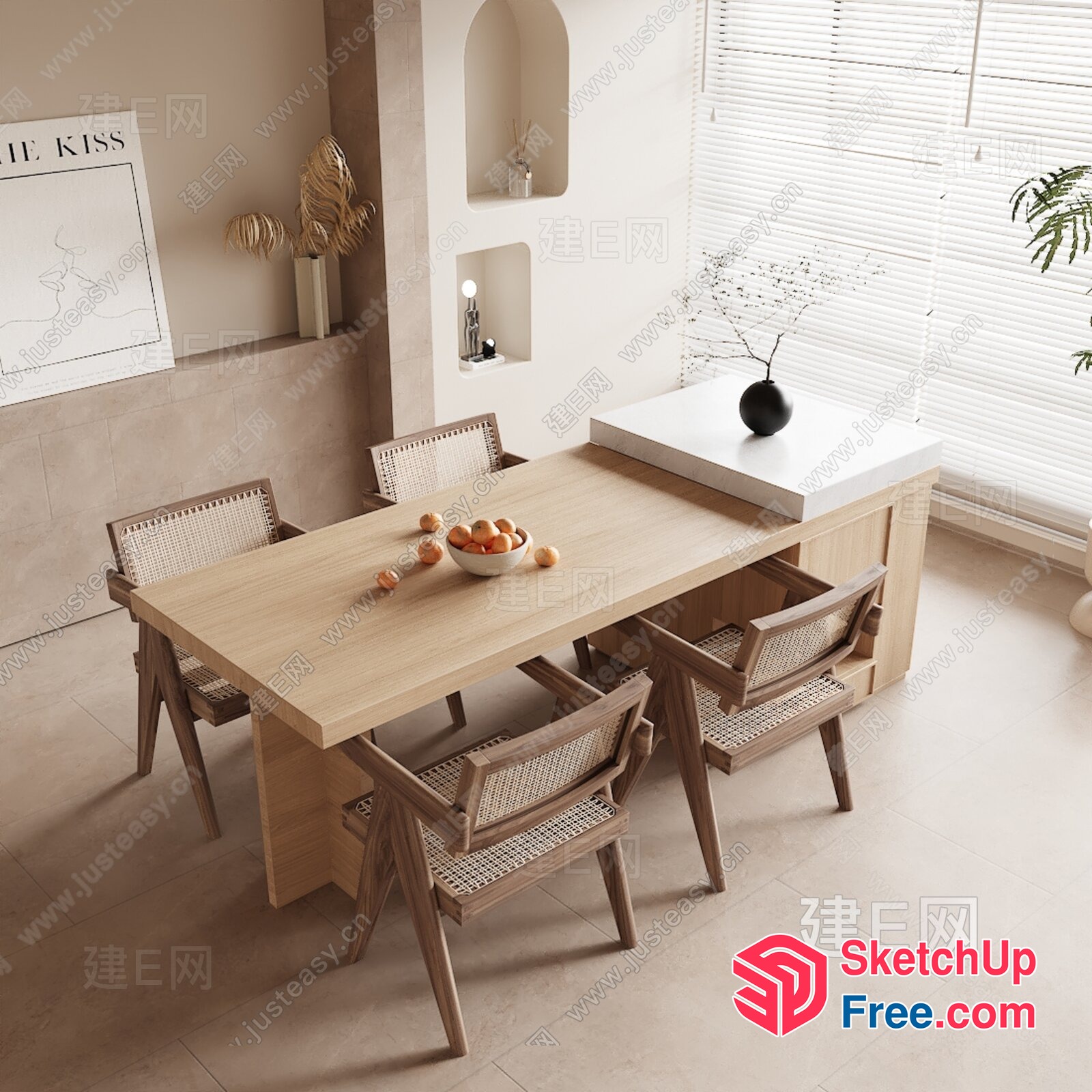 Minimalist Dining Room With Natural Wood Furniture 3D SketchUp File
