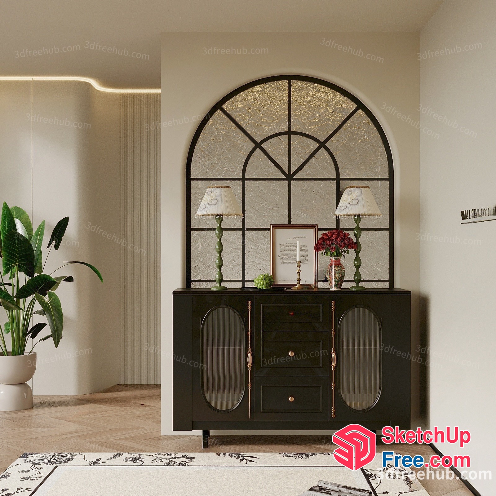 Elegant Dark Brown Sideboard With Arched Window 3D SketchUp File