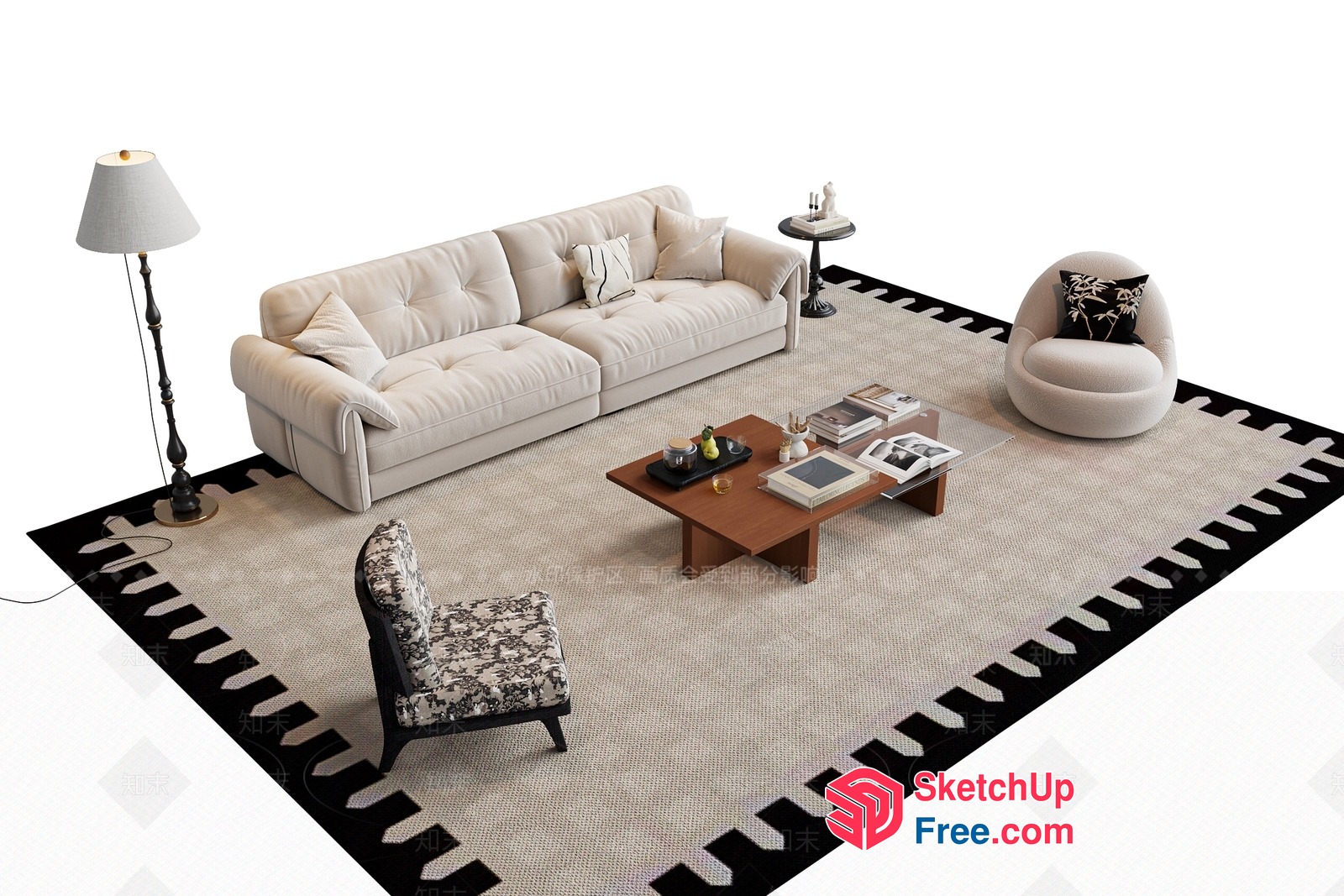 Elegant Cream Sofa And Pillows With Wooden Coffee Table 3D SketchUp File