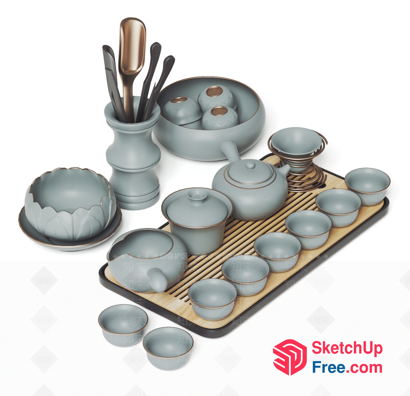 Elegant Grey Ceramic Tea Set With Wooden Tray 3D SketchUp File