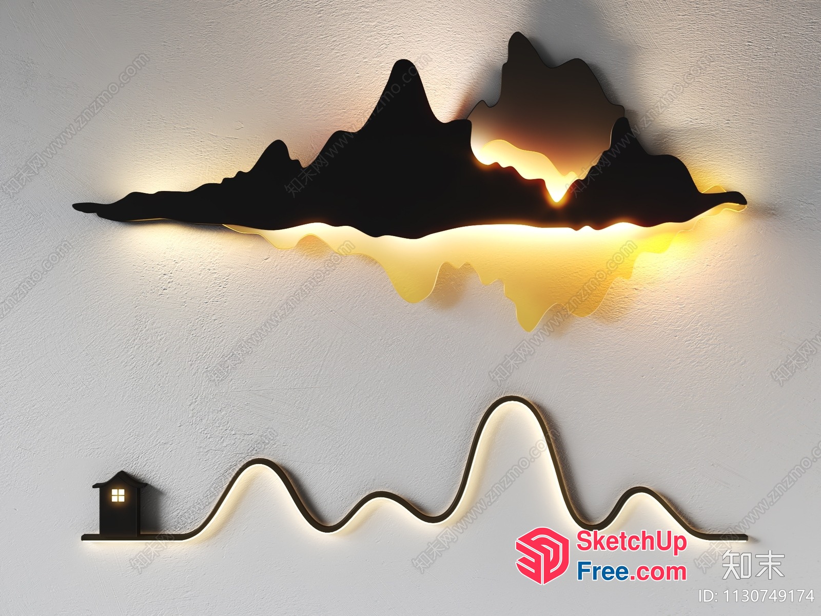 Mountain Silhouette With Lighted Pathway And House 3D SketchUp File