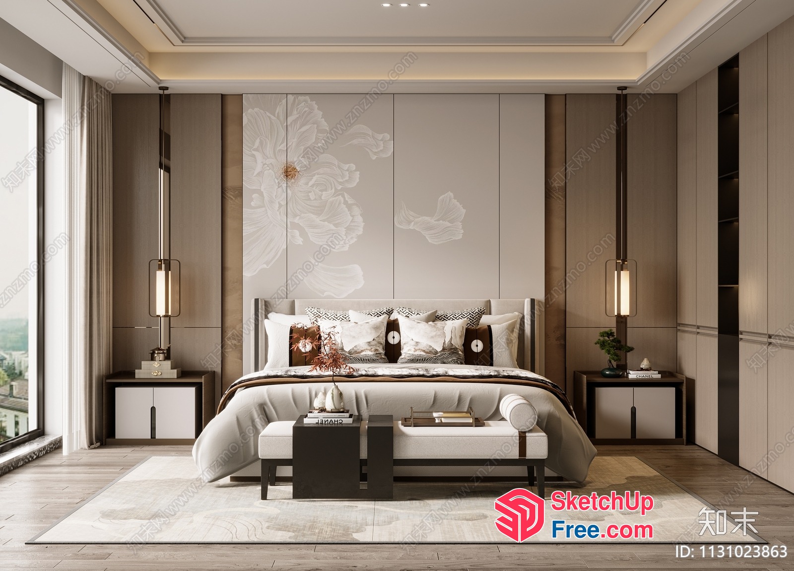 Modern Luxury Bedroom With Elegant Bed And Decorative Pillows 3D SketchUp File