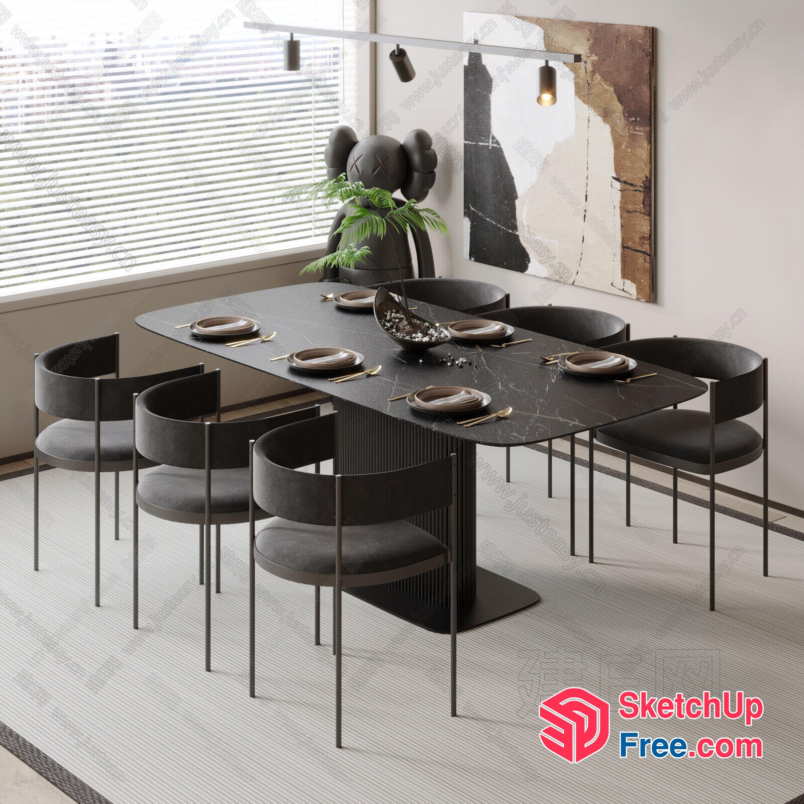 Minimalist Dining Room With Black Marble Table And Modern Chairs 3D SketchUp File