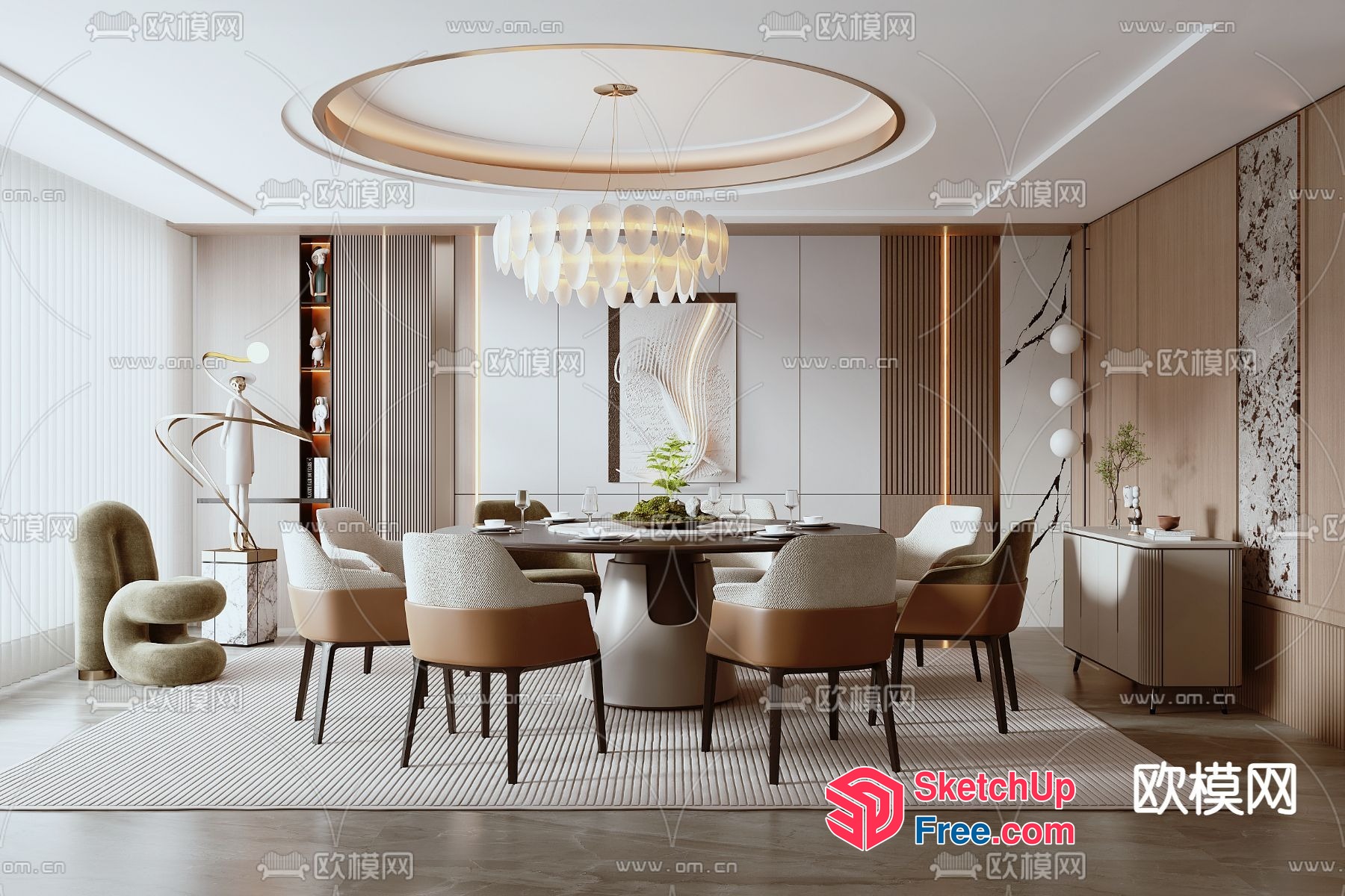 Elegant Modern Dining Room With Circular Chandelier And Table 3D SketchUp File
