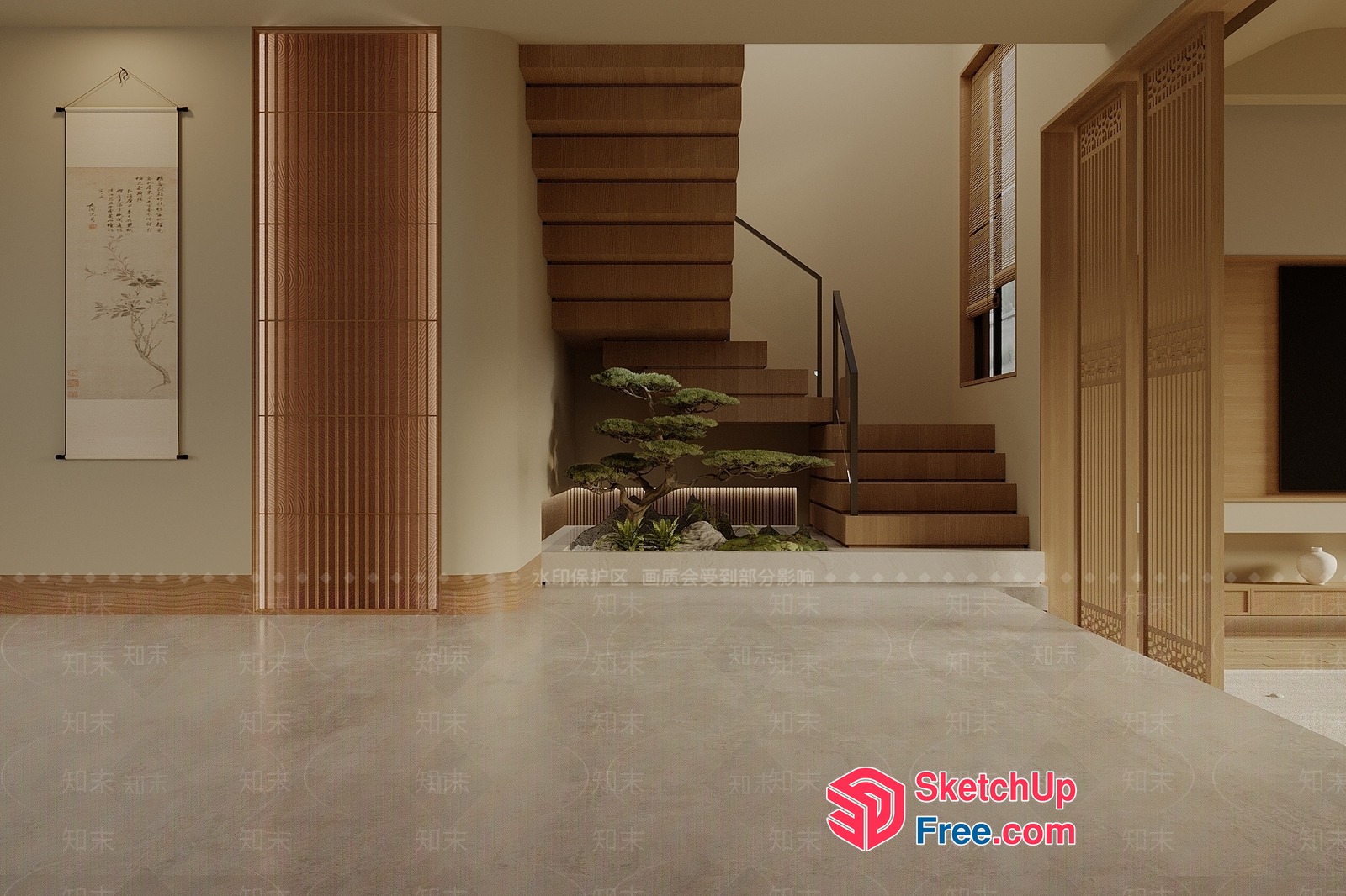 Asian-Inspired Interior With Stairs And Minimalist Decor 3D SketchUp File
