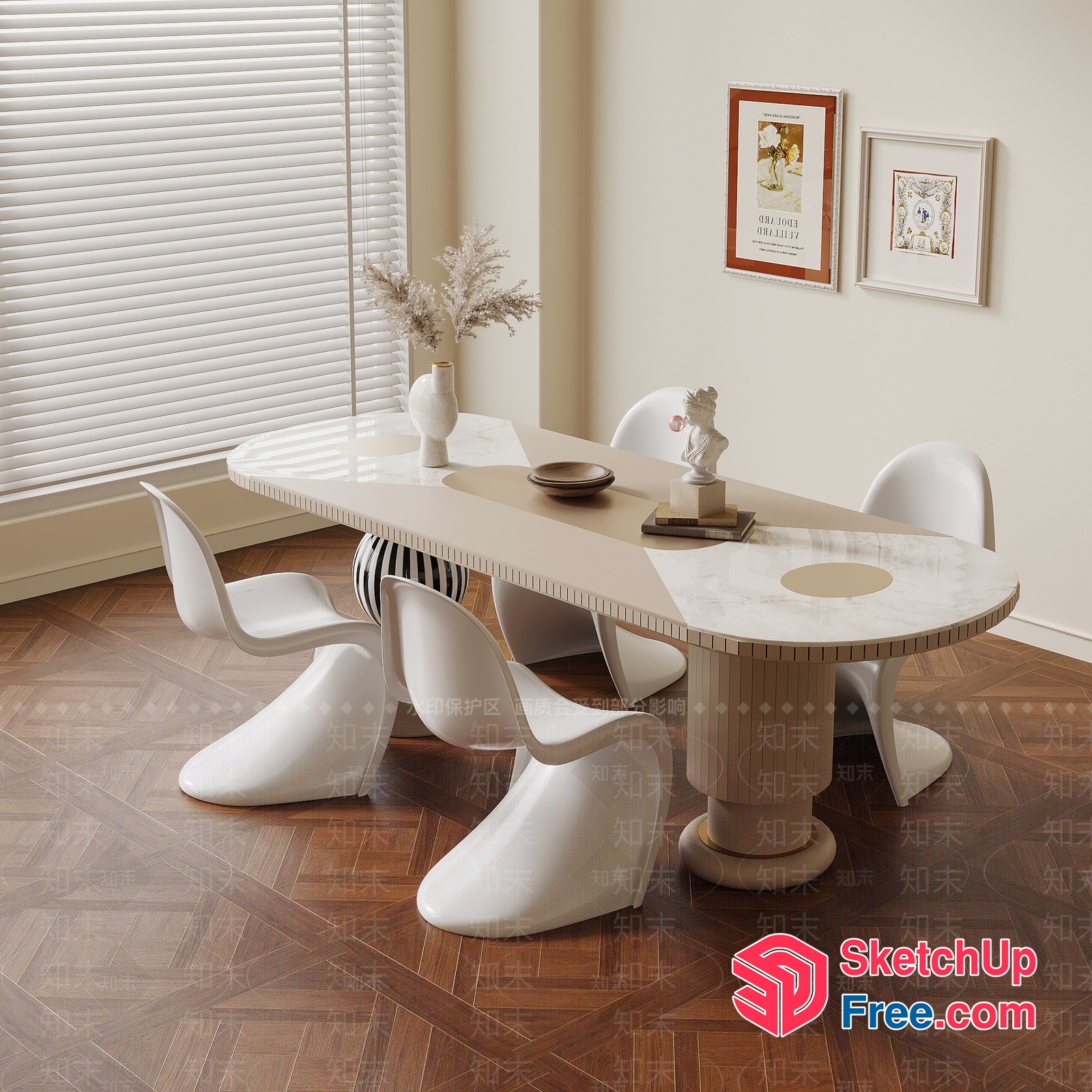 Elegant Dining Room With White Marble Table And Chairs 3D SketchUp File