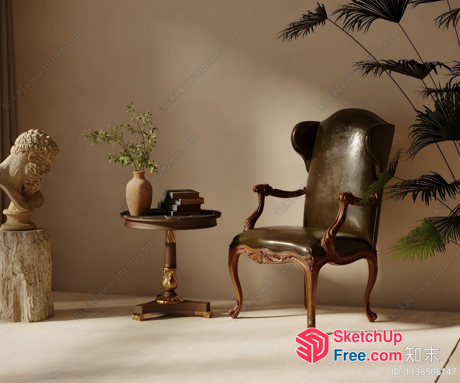 Elegant Classic European Style Interior With Dark Leather Armchair 3D SketchUp File