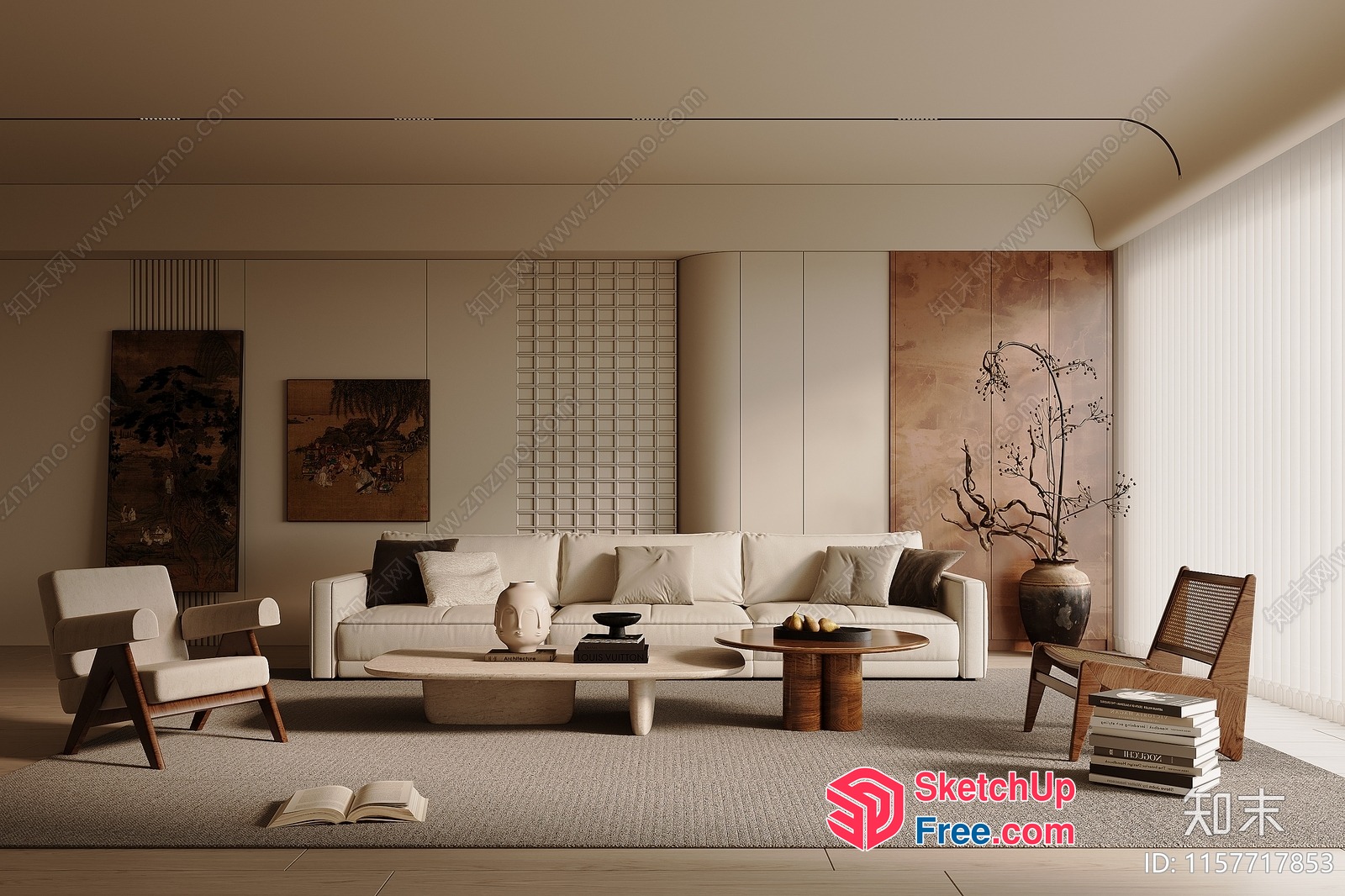 Modern Japanese-Inspired Living Room With Creamy Style 3D SketchUp File